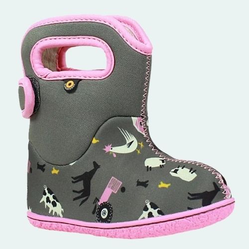 BOGS FARM GREY/PINK INSULATED WASHABLE WARM WELLIES BOOTS 722981 GREY MULTI